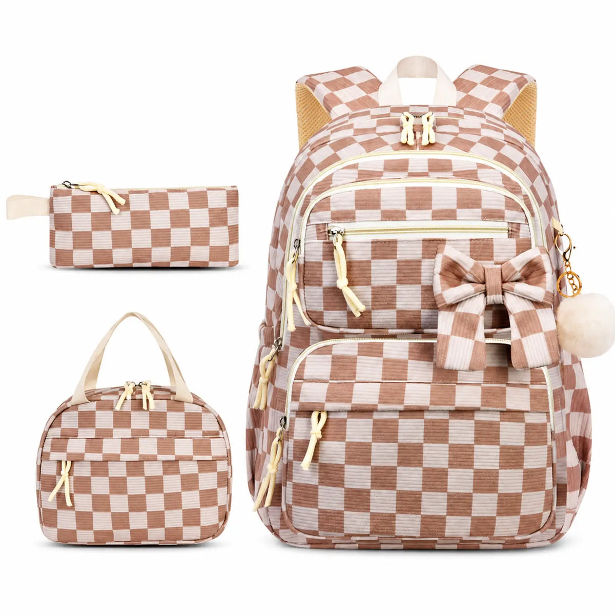 Sc à dos étudiante 3 pcs marron carreaux