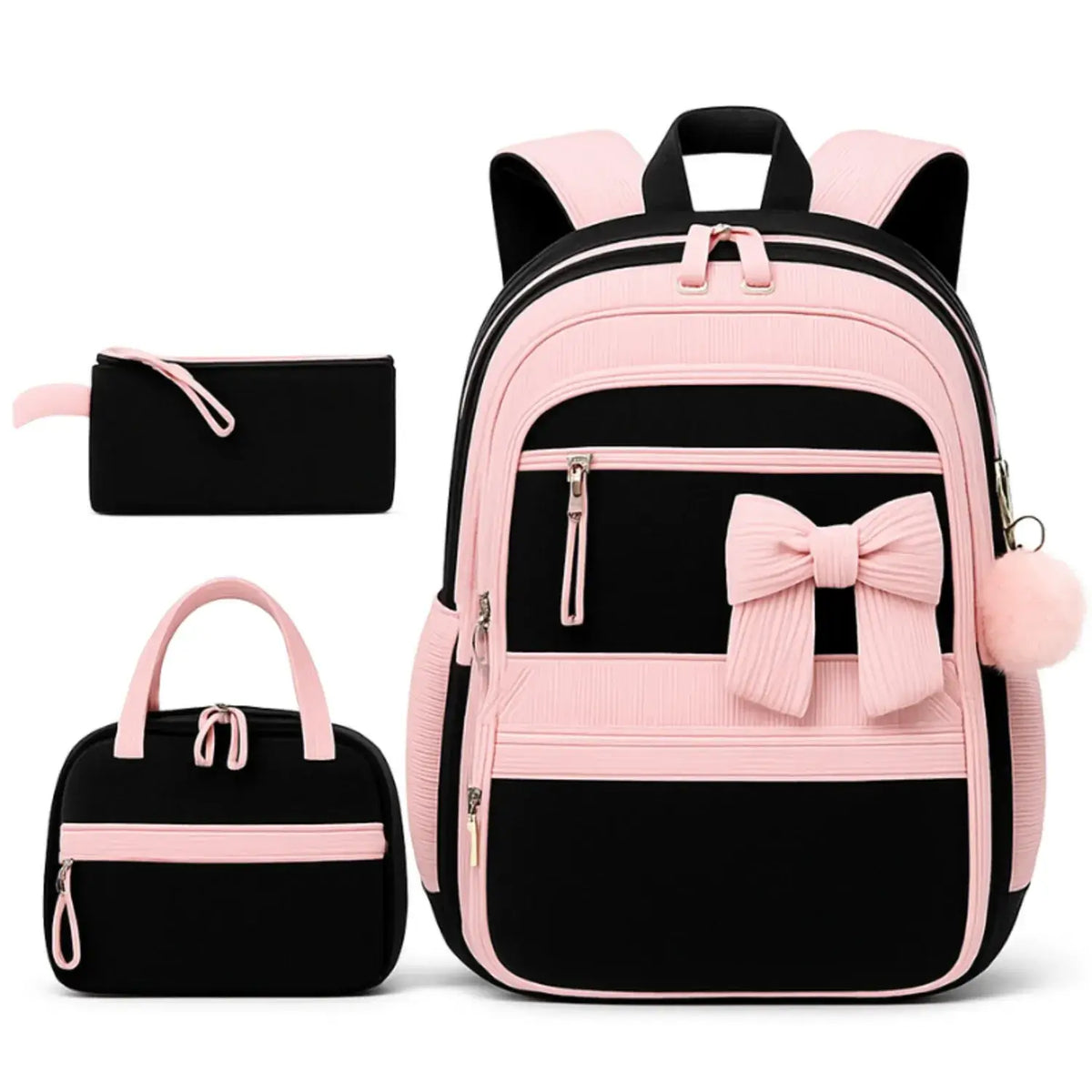 Sac à dos étudiante 3 pcs rose noir